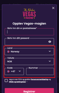 Velg land, valuta og telefonnummer: